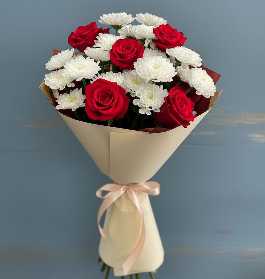 Букет цветов из: Розы и Хризантемы в Кокуй