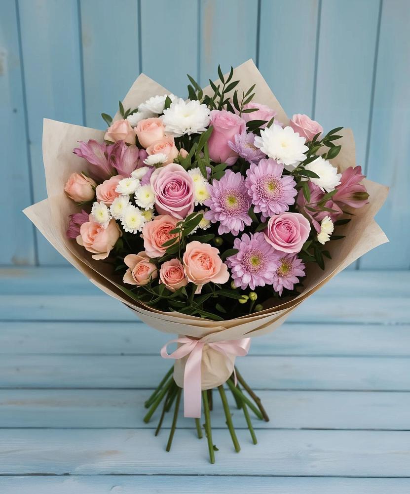 Букет цветов из: Хризантемы, Розы и Альстромерии в Кокуй