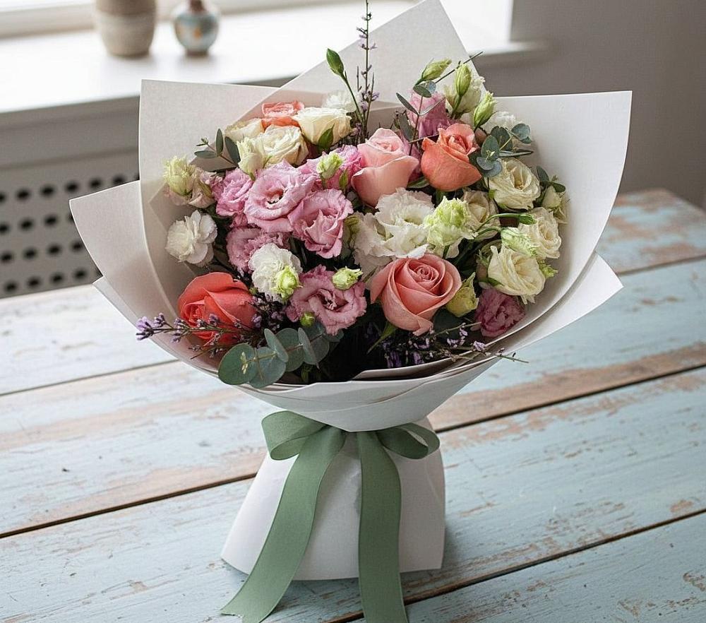 Букет цветов из: Розы, Лизиантусы и Гвоздики в Кокуй