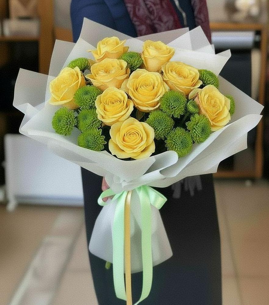 Букет цветов из: Хризантемы и Розы в Кокуй