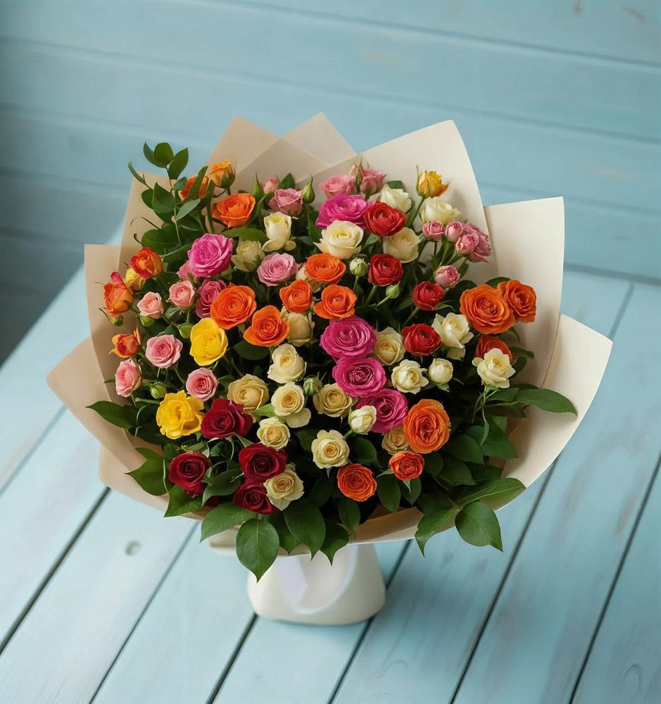 Букет Микс из разноцветных кустовых роз в Кокуй