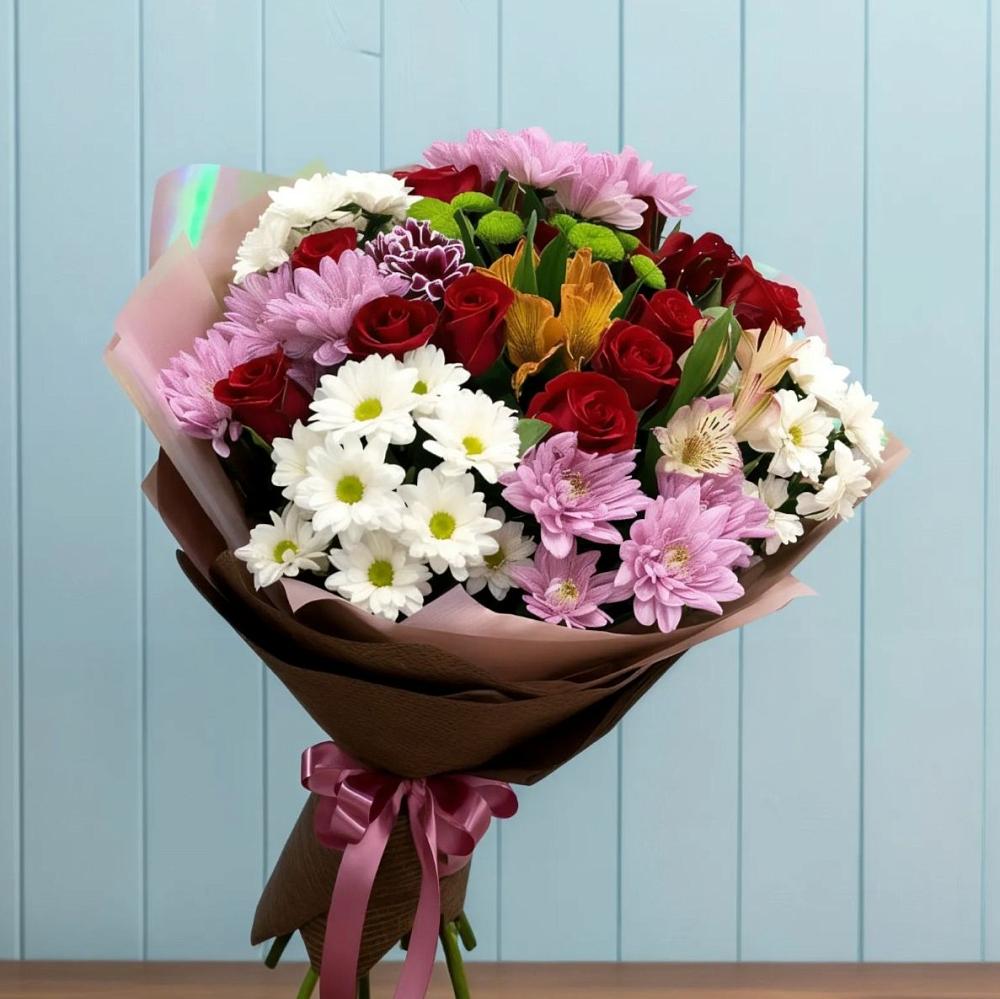 Букет цветов из: Розы, Хризантемы и Альстромерии в Кокуй